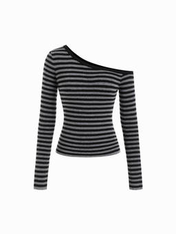 Cider - Knit Wool-blend Asymmetrical Neck Stripe Long Sleeve Top
