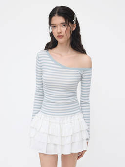 Cider - Knit Wool-blend Asymmetrical Neck Stripe Long Sleeve Top