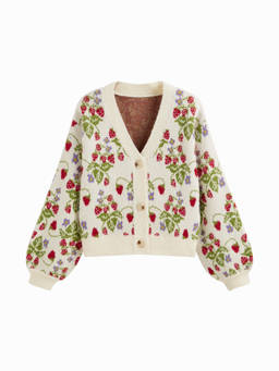 Cider - Knit V-neck Strawberry Button Oversized Cardigan