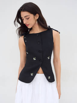 Cider - Floral Embroidery Bowknot Blazer Vest
