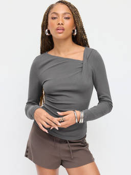 Cider - Thermal Cotton-blend Asymmetrical Neck Long Sleeve Ruched Top