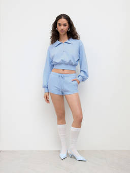 Cider - Cotton-blend Collar Half Zip Crop Top & Low Rise Drawstring Micro Shorts