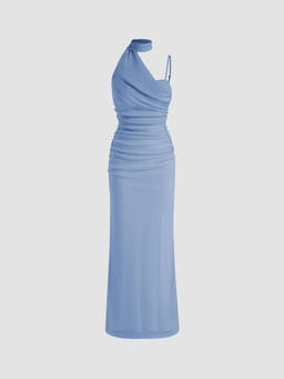 Cider - Mesh Halter Neckline Ruched Dress With Scarf
