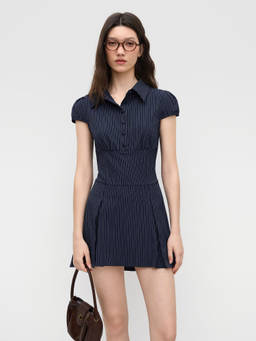 Cider - Collar Stripes Pleated Shirt Mini Dress