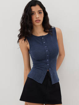 Cider - Round Neckline Stripe Button Through Tank Top