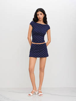 Cider - Cotton-blend Boat Neck Polka Dot Ruched Tee & Mini Skort