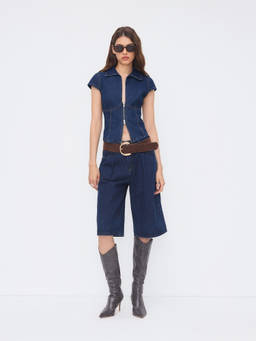 Cider - Denim Polo Neck Zip Through Blouse