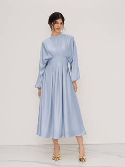 Cider - Stand Collar Pleated Cinched Waist Long Sleeve Midi Dress