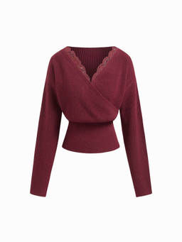 Cider - Knit V-neck Solid Lace Trim Wrap Long Sleeve Top