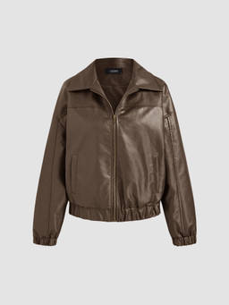 Cider - Faux Leather Collar Solid Pocket Zipper Bomber Jacket