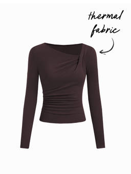 Cider - Thermal Cotton-blend Asymmetrical Neck Long Sleeve Ruched Top
