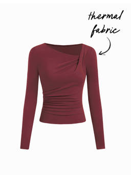 Cider - Thermal Cotton-blend Asymmetrical Neck Long Sleeve Ruched Top
