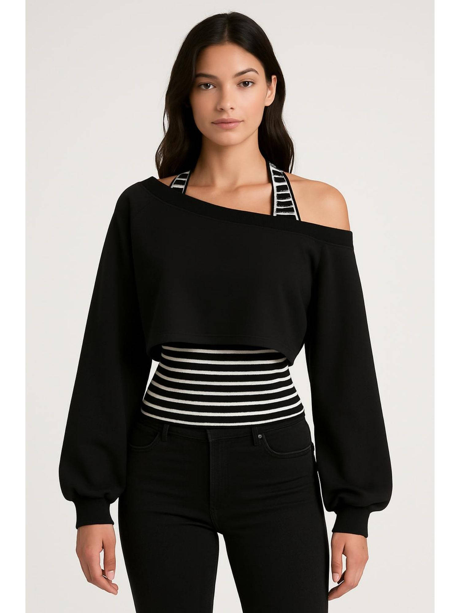 Buy Cider Two Piece Terry Asymmetrical Neck Crop Sweatshirt With
