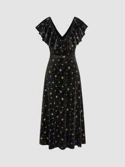 Cider - Velvet V-neck Star Ruffle Tie Back Midi Dress