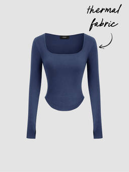 Cider - Thermal Cotton-blend Square Neck Solid Thumb Hole Long Sleeve Top