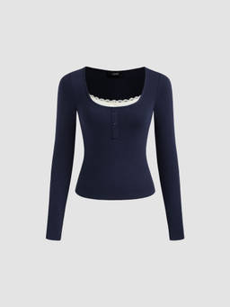 Cider - Square Neck Lace Trim Two Tone Long Sleeve Top