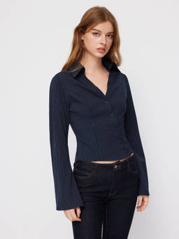 Cider - Stripe Collar V-neck Bell Sleeve Asymmetrical Button Shirt
