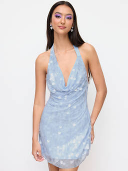 Cider - Sequin Halter Neckline Backless Lettuce Trim Mini Dress