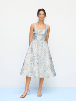 Cider - Jacquard Square Neck Floral Bowknot Midi Dress