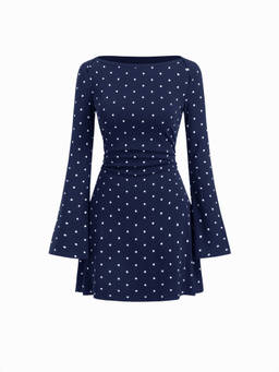 Cider - Cotton-blend Boat Neck Polka Dot Ruched Bell Sleeve Mini Dress