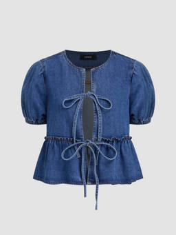 Cider - Denim Tie Front Bow Puff Sleeve Oversized Blouse