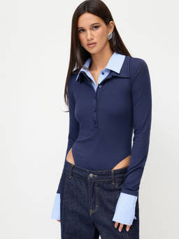 Cider - Two Tone Cotton Collar Striped Long Sleeve Bodysuit