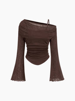 Cider - Asymmetrical Neck Ruched Lettuce Trim Top