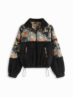 Cider - Printed Fleece Collar Floral Cat Knotted Sweatshirt