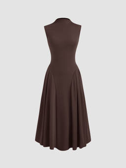 Cider - High Neck Solid Ruffle Midi Dress