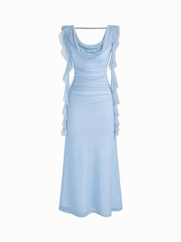 Cider - Cowl Neck Solid Ruffle Hem Ruched Maxi Dress