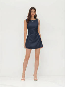 Cider - Linen-blend Boat Neck Solid Knotted Backless Mini Dress