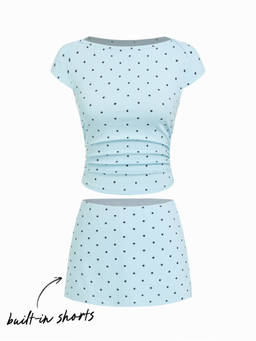 Cider - Cotton-blend Boat Neck Polka Dot Ruched Tee & Mini Skort