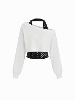 Cider - Two Piece Terry Asymmetrical Neck Crop Sweatshirt with Striped Tank Top
