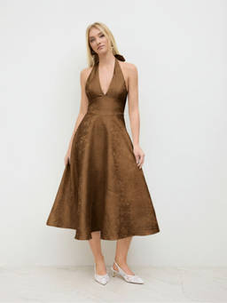 Cider - Jacquard Sculptural Halter Neckline Floral Lace Up Maxi Dress