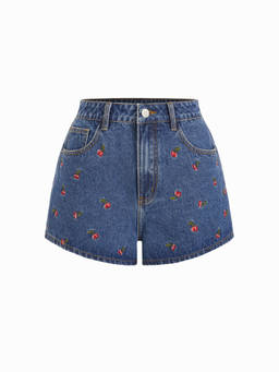 Cider - Denim Mid Rise Cherry Embroidery Straight Leg Micro Shorts