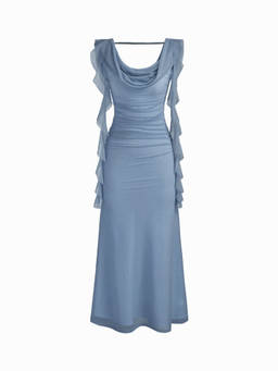 Cider - Cowl Neck Solid Ruffle Hem Ruched Maxi Dress