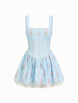 Cider - Linen-blend Floral Broderie Anglaise Trim Layered Lace Up Mini Dress