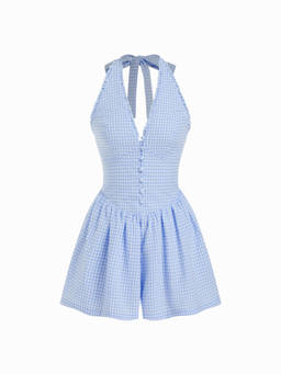 Cider - Gingham Halter Neckline Shirred Romper