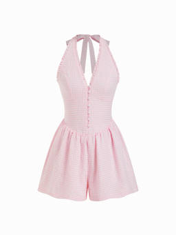 Cider - Gingham Halter Neckline Shirred Romper