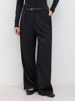 Cider - Petite Mid Rise Solid Straight Leg Trousers With Belt