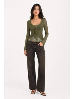 Cider - V-Neck Solid Lace Trim Knotted Lettuce Trim Long Sleeve Top