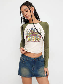 Cider - Magic Forest Journey Mushrooms Contrasting Binding Long Sleeve Top