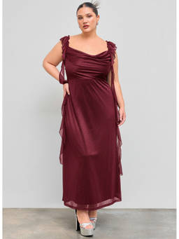 Cider - Mesh Cowl Neck Solid Sequin Ruffle Hem Maxi Dress Curve & Plus