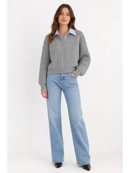 Cider - Cable Knit Collar Two Tone Long Sleeve Top