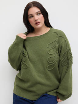 Cider - Knit Round Neckline Leaf Braid Oversized Sweater Curve & Plus