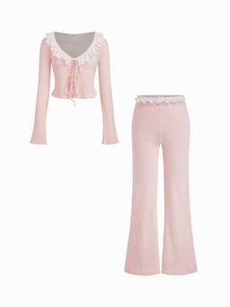 Cider - Cotton-Blend V-Neck Pointelle Tie Top & High Rise Bowknot Trousers Loungewear Set