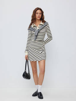 Cider - Cotton-Blend Stripe Collar Long Sleeve Mini Dress