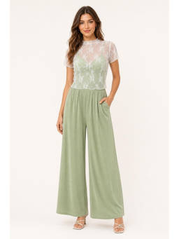 Cider - Lace See-Through Top & V Neck Wide Leg Jumpsuit