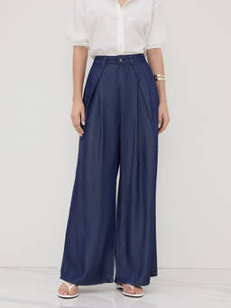 Cider - Denim Mid Rise Pleated Wide Leg Jeans