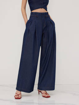 Cider - Denim Mid Rise Pleated Wide Leg Jeans